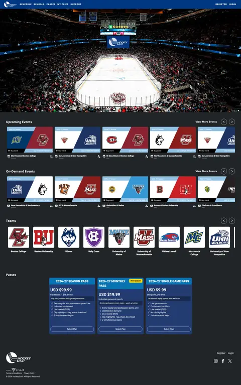 Screenshot: HockeyEast.tv opened from outside the US without a VPN, October 12, 2026