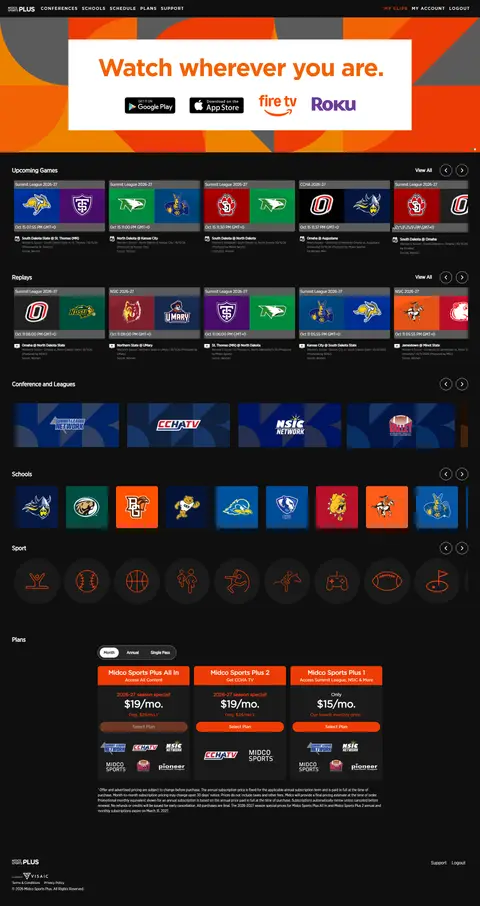 Screenshot: Midco Sports Plus opened from outside the US without a VPN, October 12, 2026